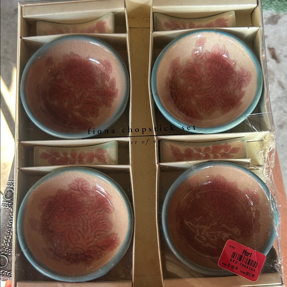 Pier 1 Floral Chopstick Set with Red and Cream Bowls
